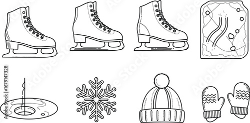 Winter-themed line art illustration featuring ice skates, an ice fishing hole, a snowflake, a hat, and mittens