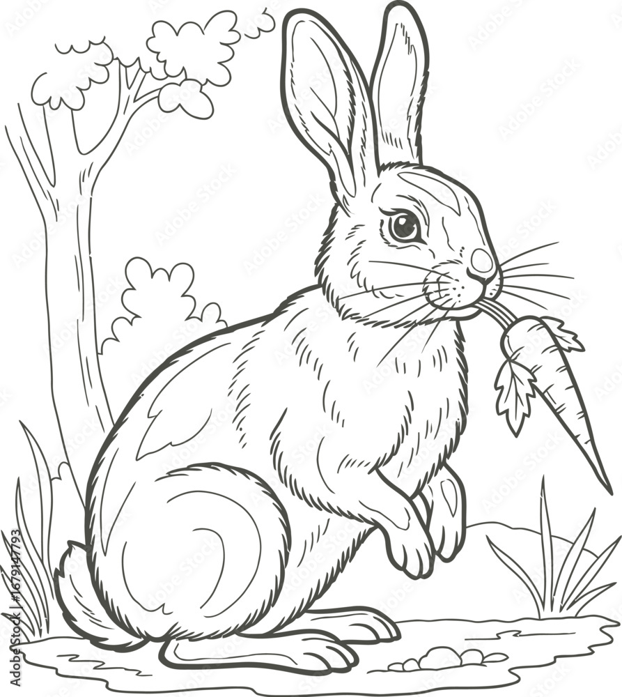 Obraz premium Vintage illustration of a rabbit eating a carrot in a natural setting 