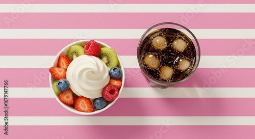 Refreshing treat Frozen yogurt with fresh fruit and a cold drink on a pink striped background