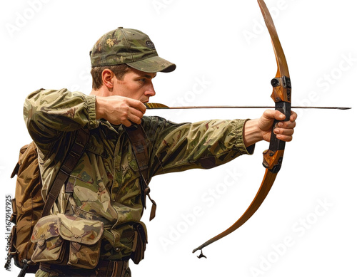 Realistic Hunter Aiming Bow in Forest, Side View, Isolated PNG