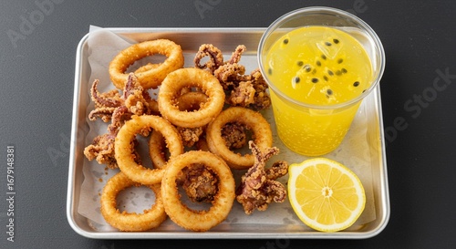 Delicious Calamari Rings and Exotic Passion Fruit Drink with Lemon Slice