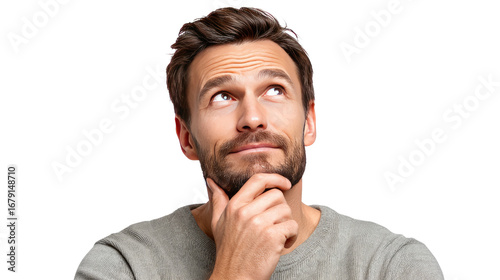 Thoughtful Gaze: A contemplative man gazes upwards, his hand thoughtfully touching his chin, embodying deep thought and introspection.