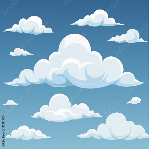 A vibrant illustration of various stylized fluffy white cumulus clouds floating across a serene, clear blue sky background