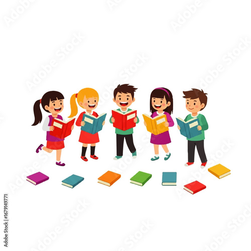 A joyful group of diverse cartoon children standing and reading books, illustrating the concept of education, literacy, and friendship