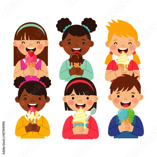 Smiling faces of diverse children relishing their ice cream, a sweet celebration of childhood joy and delicious summer treats