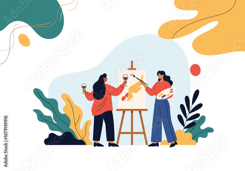 Two friends enjoying a relaxing art class together painting a canvas