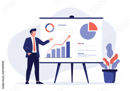 Business professional presenting growth strategy and market analysis with charts and graphs on a whiteboard