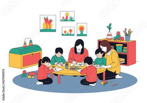 Children learning and playing together in a vibrant classroom environment encouraging creativity