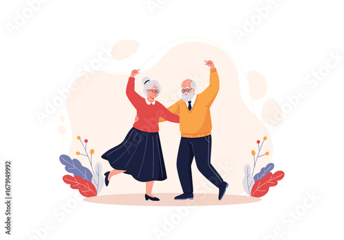 Joyful elderly couple dancing happily together outdoors surrounded by nature
