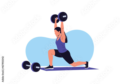 Woman performing dumbbell overhead lunge exercise with weights for strength training