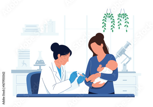 Pediatric healthcare professional administering vaccine to infant during medical appointment
