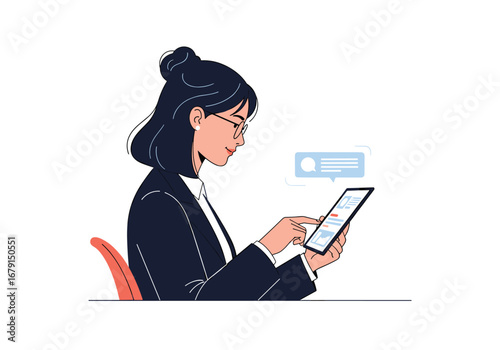 Young woman working on digital tablet reading online information and notifications