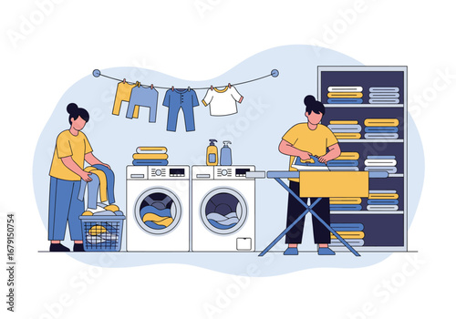 Two people doing laundry and ironing clothes at home