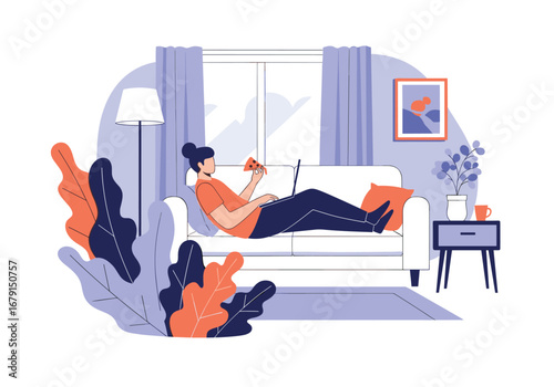 Person relaxing on sofa using laptop and eating snacks living room scene