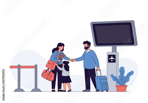 Family reuniting at the airport terminal greeting each other happily