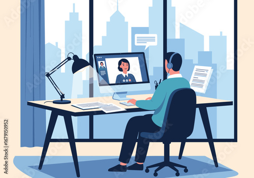 Man wearing headphones participates in a video conference with colleagues while working from home office