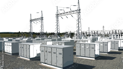 Electrical substation infrastructure with transformers, high voltage towers, power distribution units, and grid equipment under clear sky, industrial energy station, modern utility grid facility