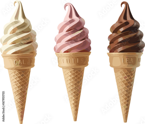 Three soft serve ice cream cones with waffle texture, vanilla, strawberry, and chocolate flavors, isolated on white background, frozen dessert, summer sweet treat