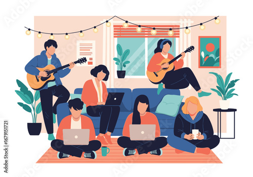 Creative group of young people collaborating on music and technology projects together