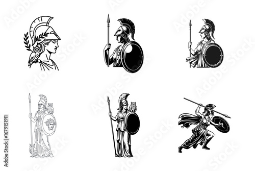 Vector Illustrations of Greek Goddess Athena with Helmet, Spear, Shield, and Owl