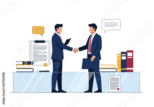 Two businessmen shaking hands over a deal with documents and books on a table