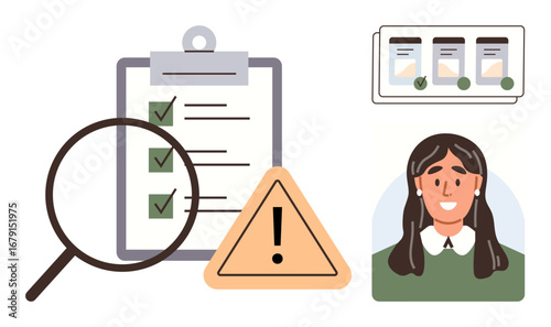 Magnifying glass over checklist, warning sign, user profile, and report cards. Ideal for inspection, task management, risk assessment, analysis accountability review progress tracking. A simple