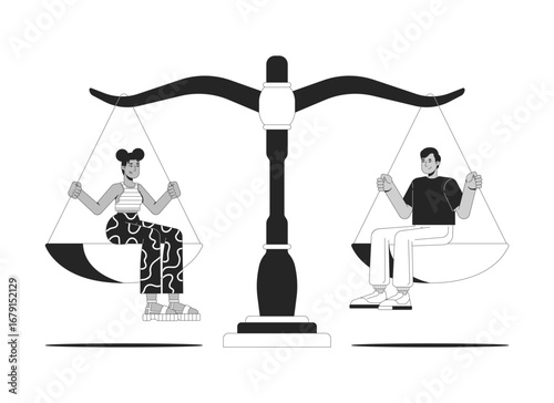 Legal gender equality line illustration concept. Fairness, equal rights under law. Diverse woman and man sitting on balanced scales outline 2D characters isolated. Ink linear metaphor vector art