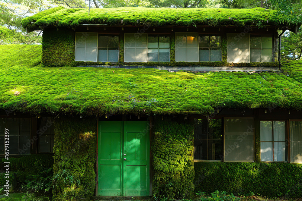 Fototapeta premium Enchanting moss covered house with vibrant green door in lush forest