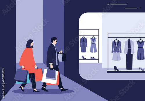 Fashionable couple enjoys retail therapy strolling past boutique window displays