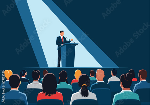 A politician delivers a powerful speech to a captivated audience under a bright spotlight
