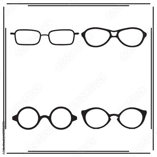 Silhouettes of Four Glasses Frames - Black Outline Icons, Eyewear Designs for Eyeglasses, Sunglasses, and Fashion Accessories on White Background