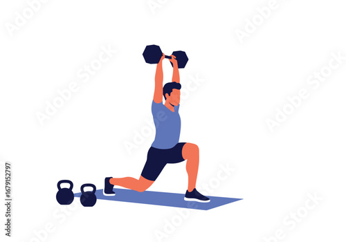 Man performing dumbbell lunges overhead exercise for strength training and full body workout