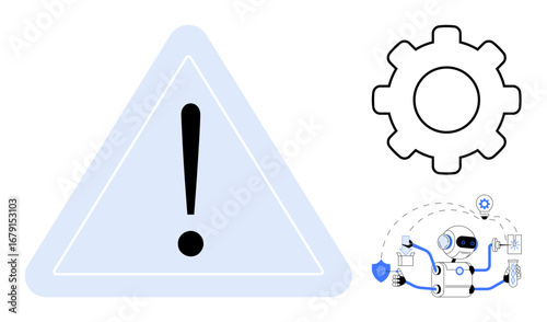 Alert symbol, gear icon, and robot processing data represent automation, risk management, cybersecurity, AI integration. Ideal for technology, safety, innovation troubleshooting analysis