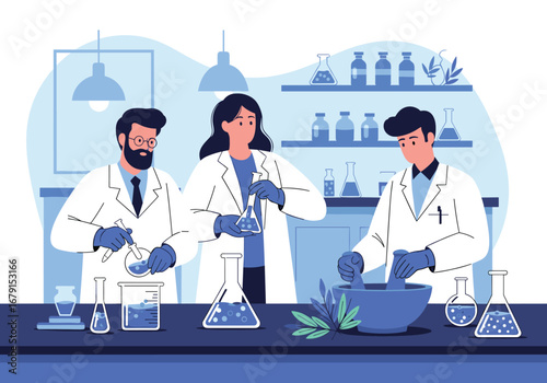 Three scientists working in a modern laboratory conducting experiments and research with various equipment