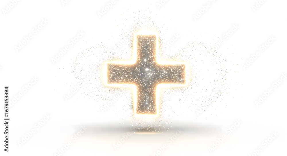 Obraz premium A luminous, glowing plus sign icon with sparkling golden dust particles exploding outwards on a pure white background, symbolizing growth, positivity, and adding value