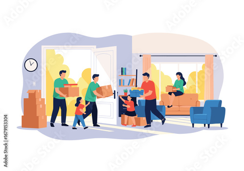 Family members helping each other with moving belongings into a new house with sunshine
