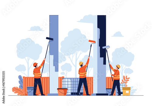 Skilled construction workers meticulously painting building exterior walls with rollers and brushes