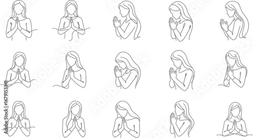 Collection of praying woman illustrations isolated on a white background, showing devotion, faith, and spiritual connection