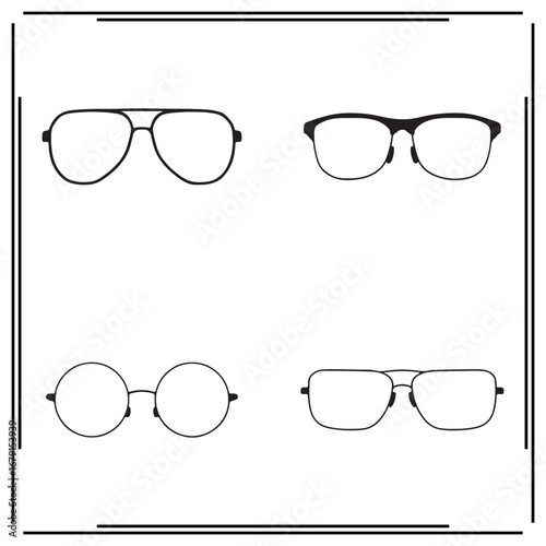 Silhouettes of Four Glasses Frames - Black Outline Icons, Eyewear Designs for Eyeglasses, Sunglasses, and Fashion Accessories on White Background