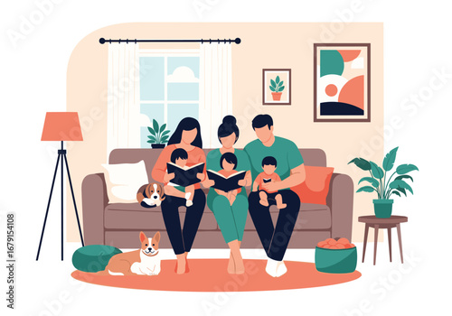 Happy family enjoys reading books together on cozy sofa with pets