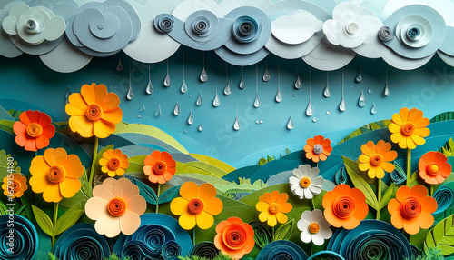 Handmade quilled paper design of rain clouds and flowers captured in detailed macro photography
