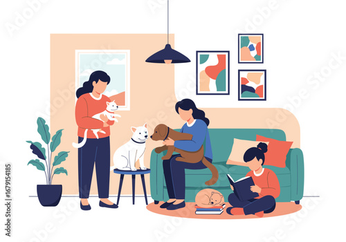 Family enjoying time together with their beloved pets indoors creating cherished memories