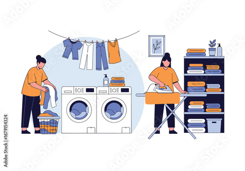 Two people doing laundry at home with washing machines clothes drying and ironing