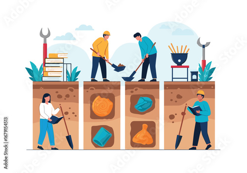 Archaeologists carefully excavating ancient artifacts from stratified soil layers