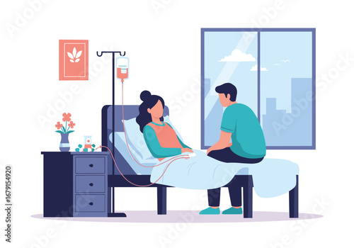 A caring visitor sits beside a sick person receiving medical treatment in a hospital room illustration