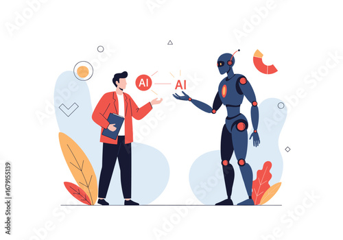 Human and robot interacting discussing future technology advancements and artificial intelligence
