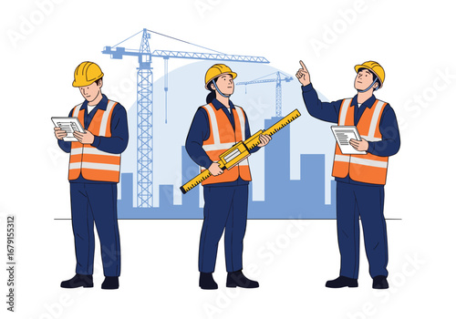 Construction professionals work together on a building site with blueprints and equipment