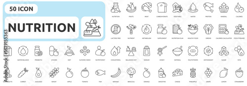 Nutrition icon set outline style with fruits, meat, carbohydrate, vegetable, water, protein, mineral, calories, sugar, metabolism, supplement, nutrition plan, healthy food icons