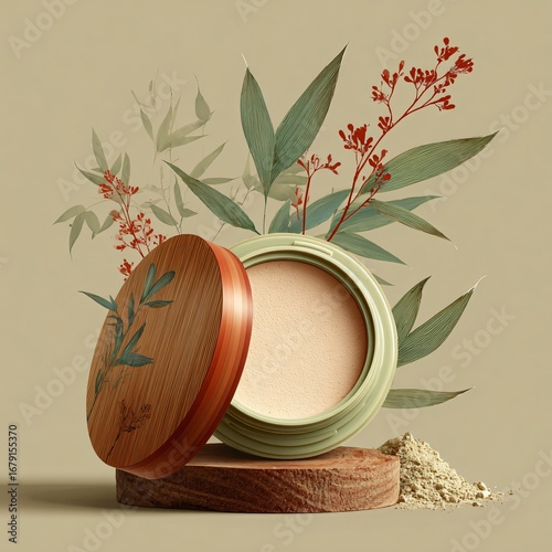 Elegant makeup powder compact with floral design and wooden stand a stylish still life composition showcasing beauty and cosmetic artistry