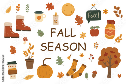 autumn collection. Autumn vector illustration set with cozy elements: pumpkin, pie, scarf, hot tea, house, socks, leaves. Harvest time. Vector colorful trendy illustration